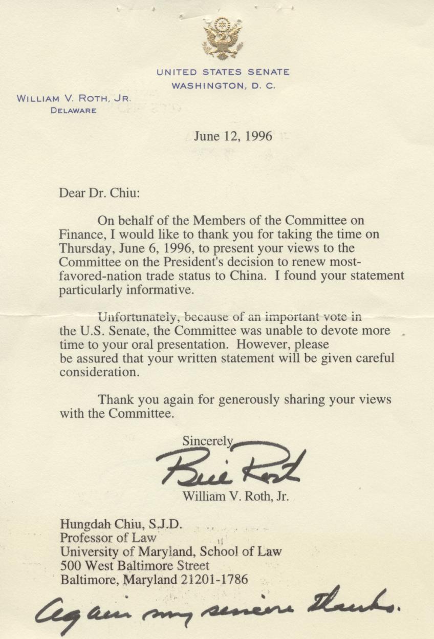 Letter from Senator William Roth to Professor Chiu, 1996. 